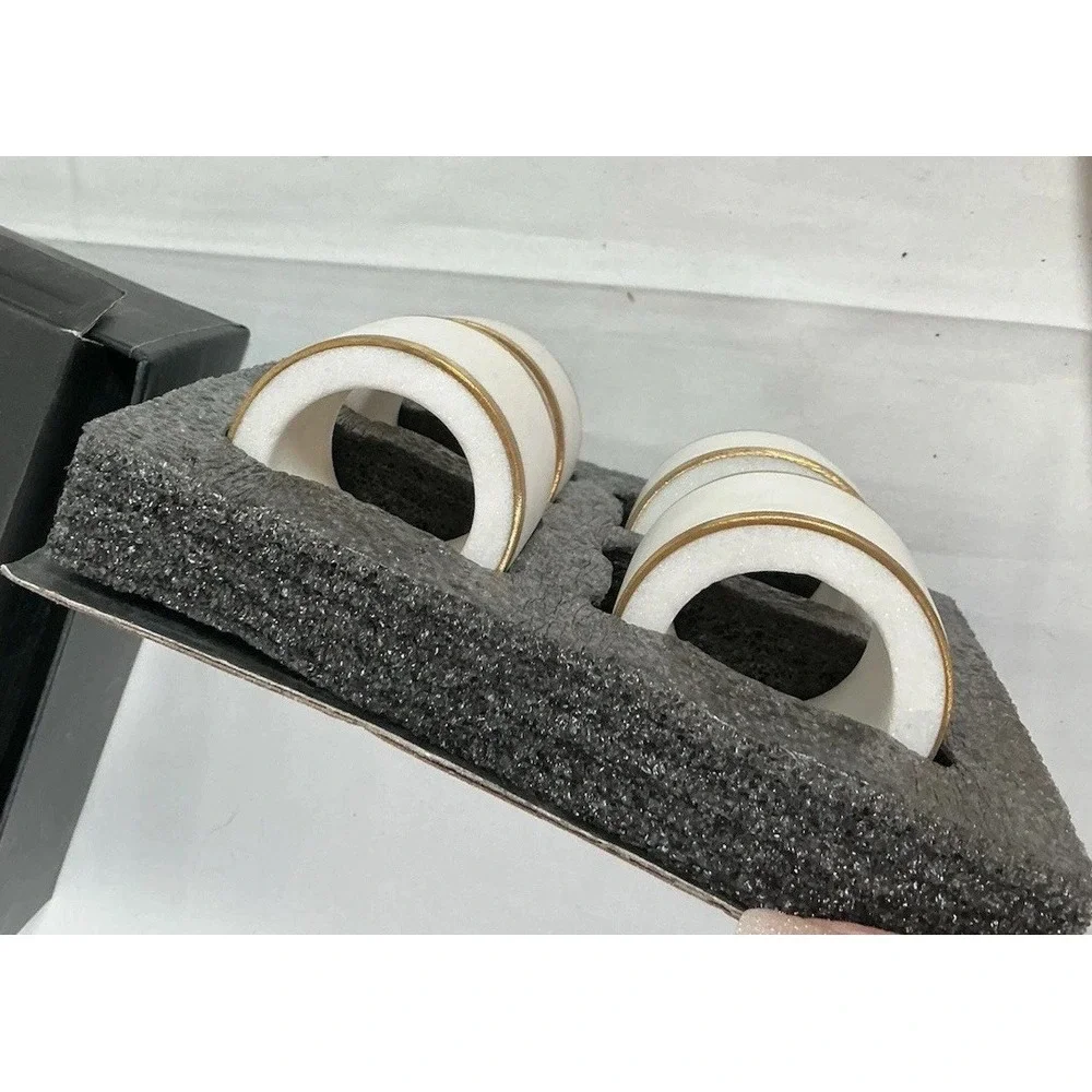 Marble Napkin Holder Rings White  w/ Gold Trim -‎ Set of 4